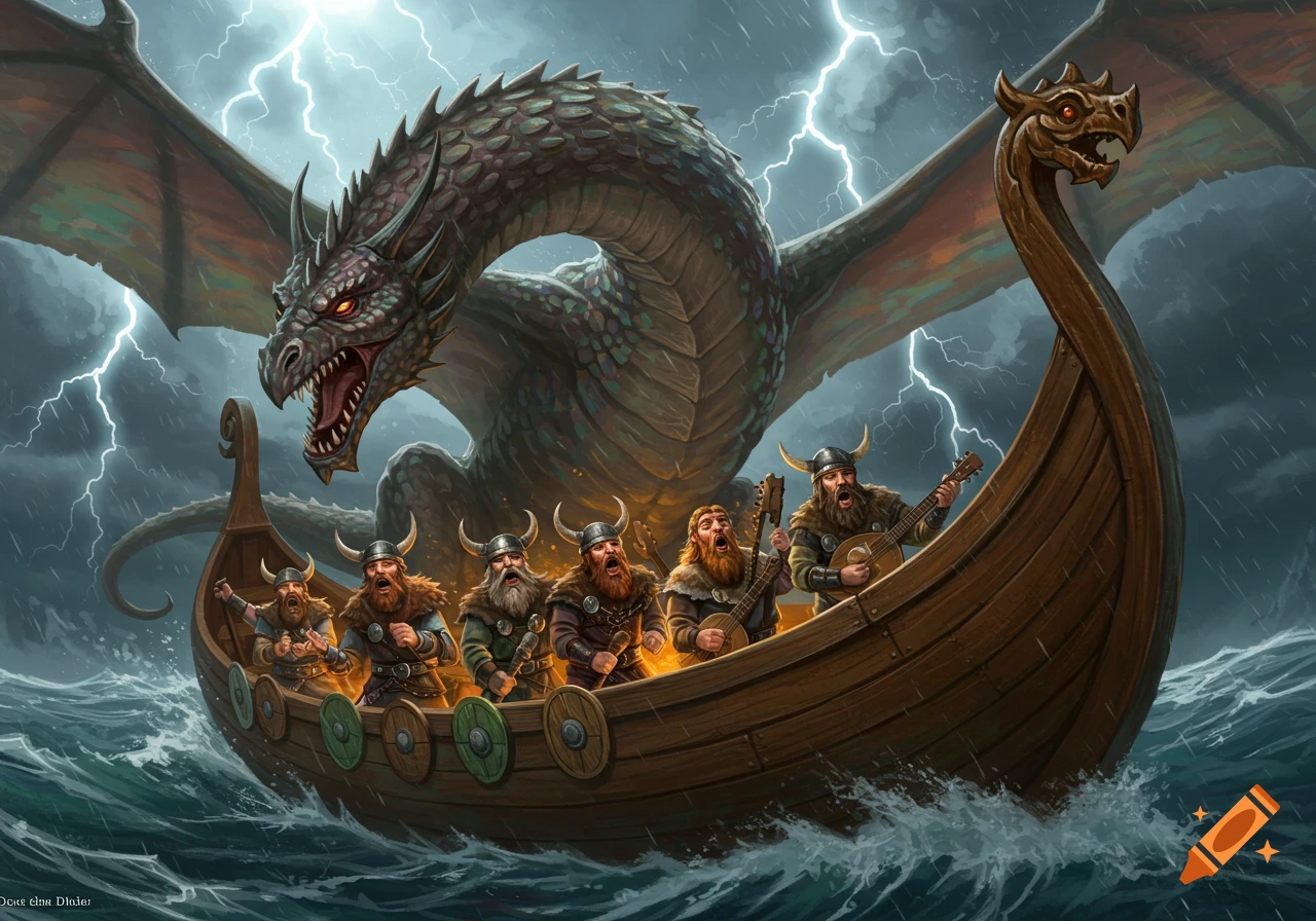 Fantasy art of singing Vikings on a longboat carried by a large dragon during a stormy sea with lightning.