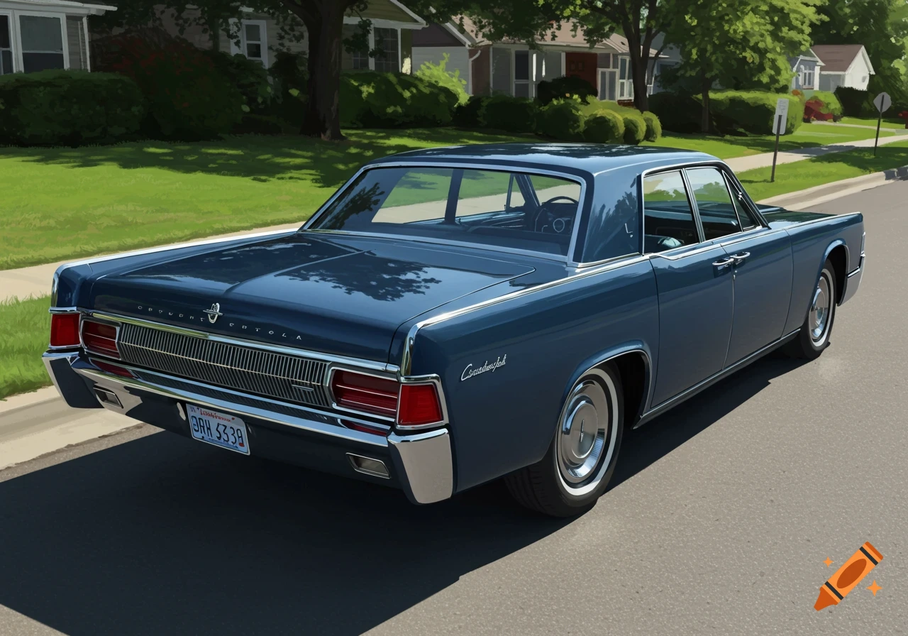 A rear view of a blue classic car parked on a street in a residential neighborhood.