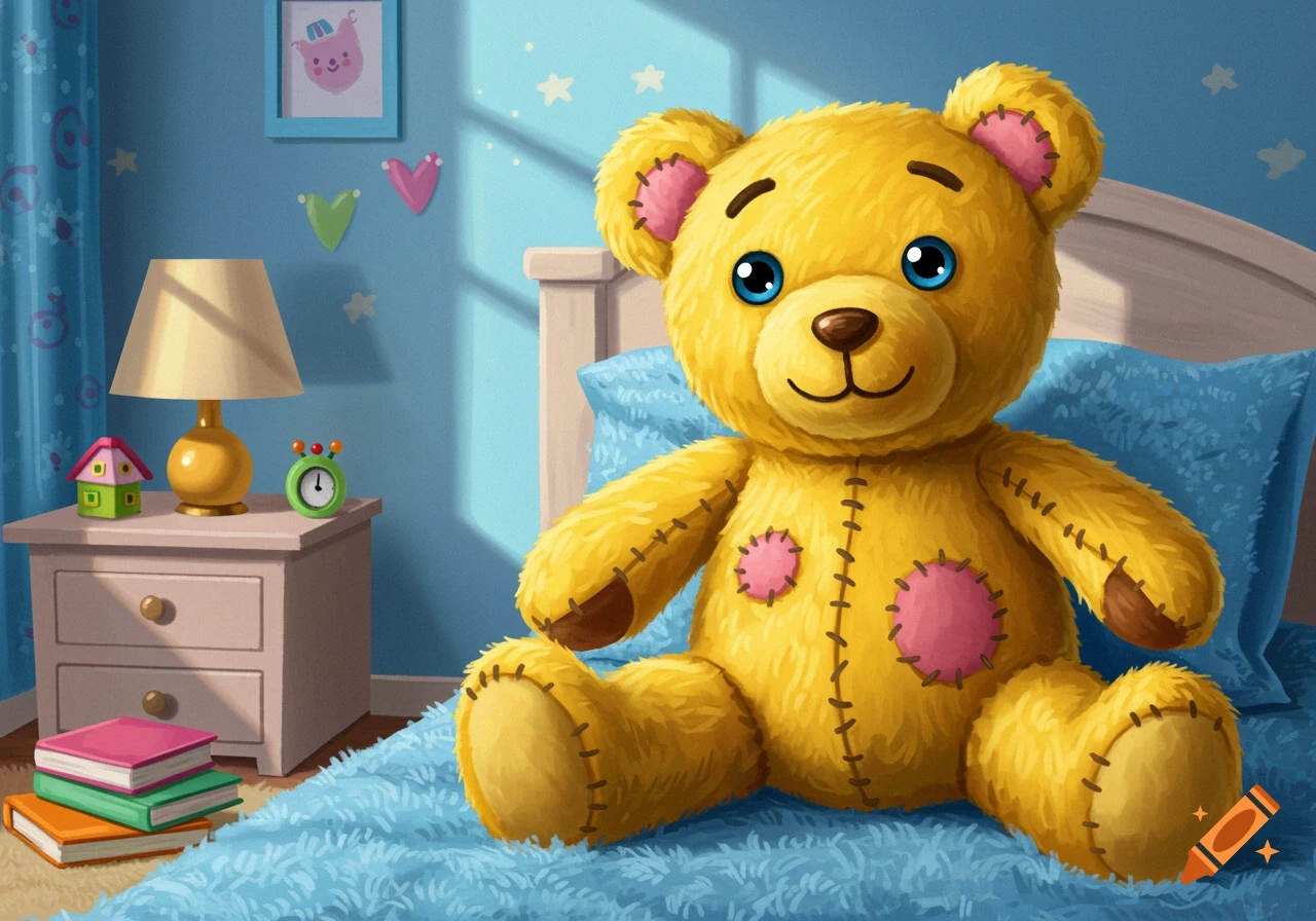 A yellow teddy bear sits on a blue bed in a bright blue bedroom illustration.