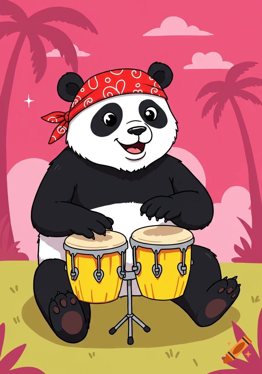 Cartoon panda wearing a red bandana playing bongos in a tropical setting