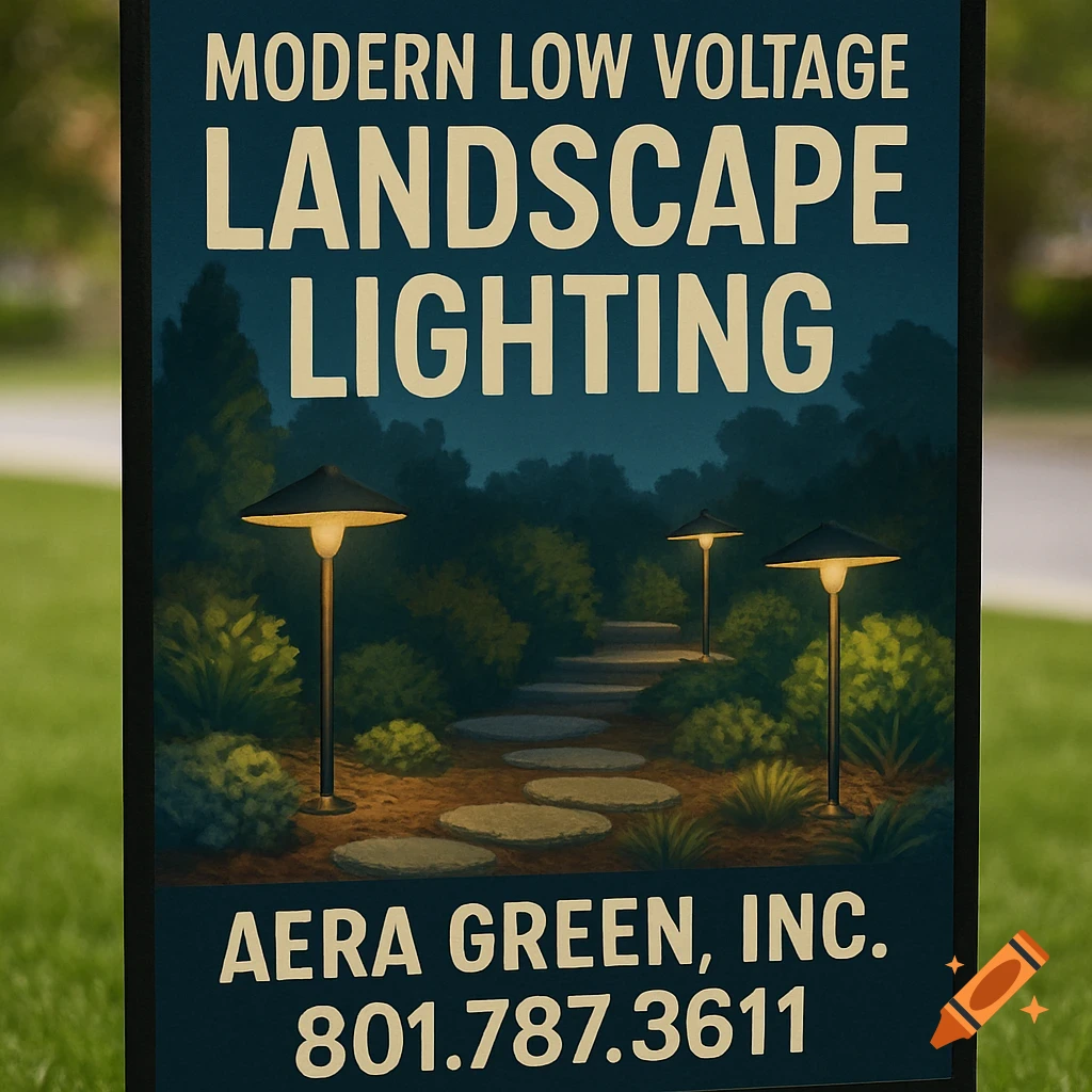 A yard sign advertising modern low voltage landscape lighting with an illustration of illuminated path lights at night.