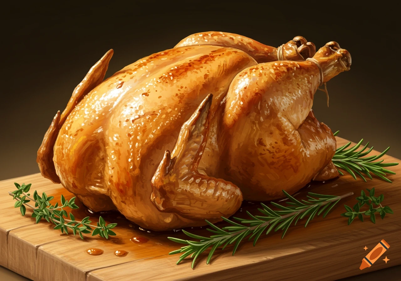 A golden brown roasted chicken sits on a wooden cutting board with sprigs of fresh rosemary and thyme.