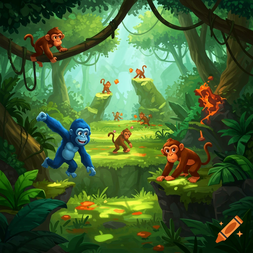 A cartoon jungle scene with several brown monkeys and one blue monkey jumping. Lava flows from a rock formation.