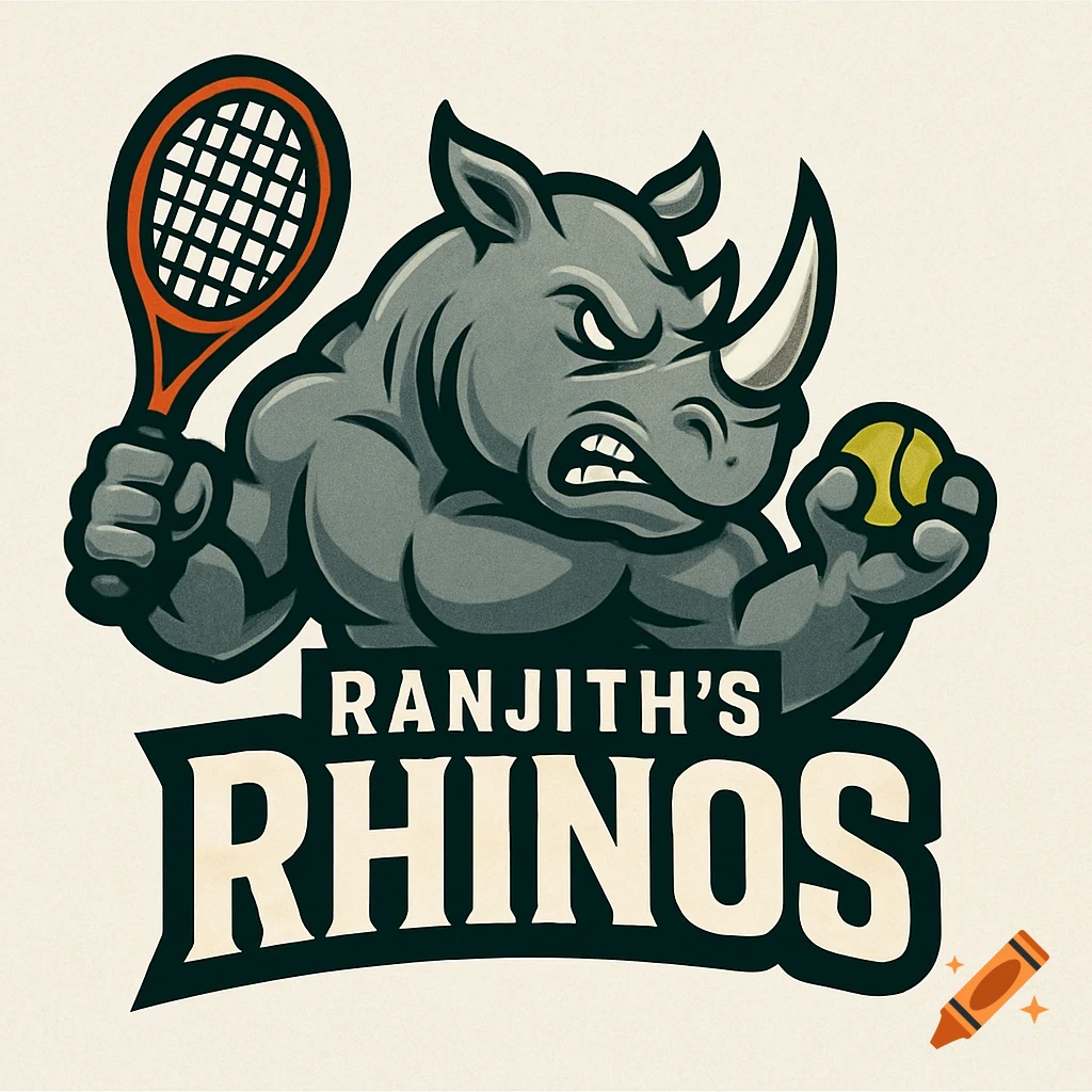 Angry rhino logo holding a tennis racket and ball with the text Ranjith's Rhinos.