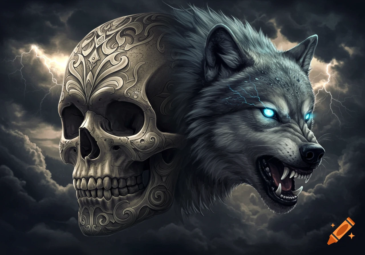 Detailed fantasy art of a skull merging with a snarling wolf's head against a stormy sky with lightning.