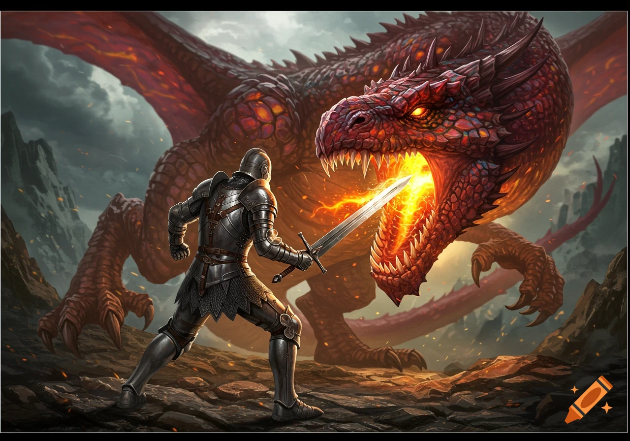 A knight in full plate armor faces off against a large red dragon breathing fire.