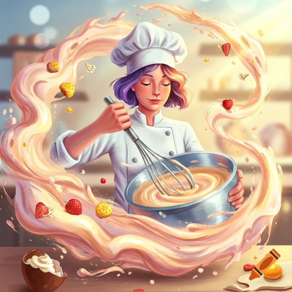 Stylized illustration of a chef whisking creamy batter in a swirling vortex of ingredients.