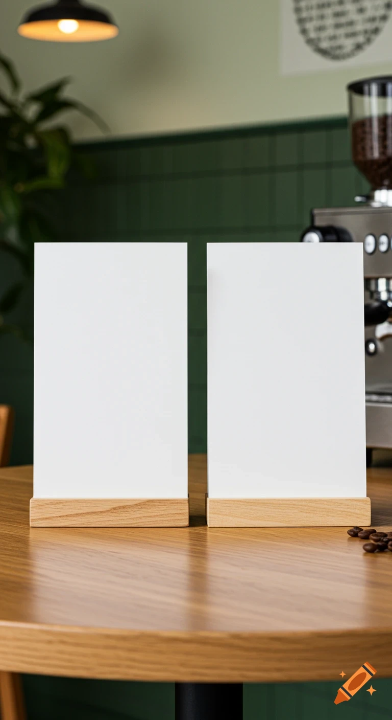 Two blank vertical menu cards on a wooden stand on a cafe table with coffee machine and beans in the background.