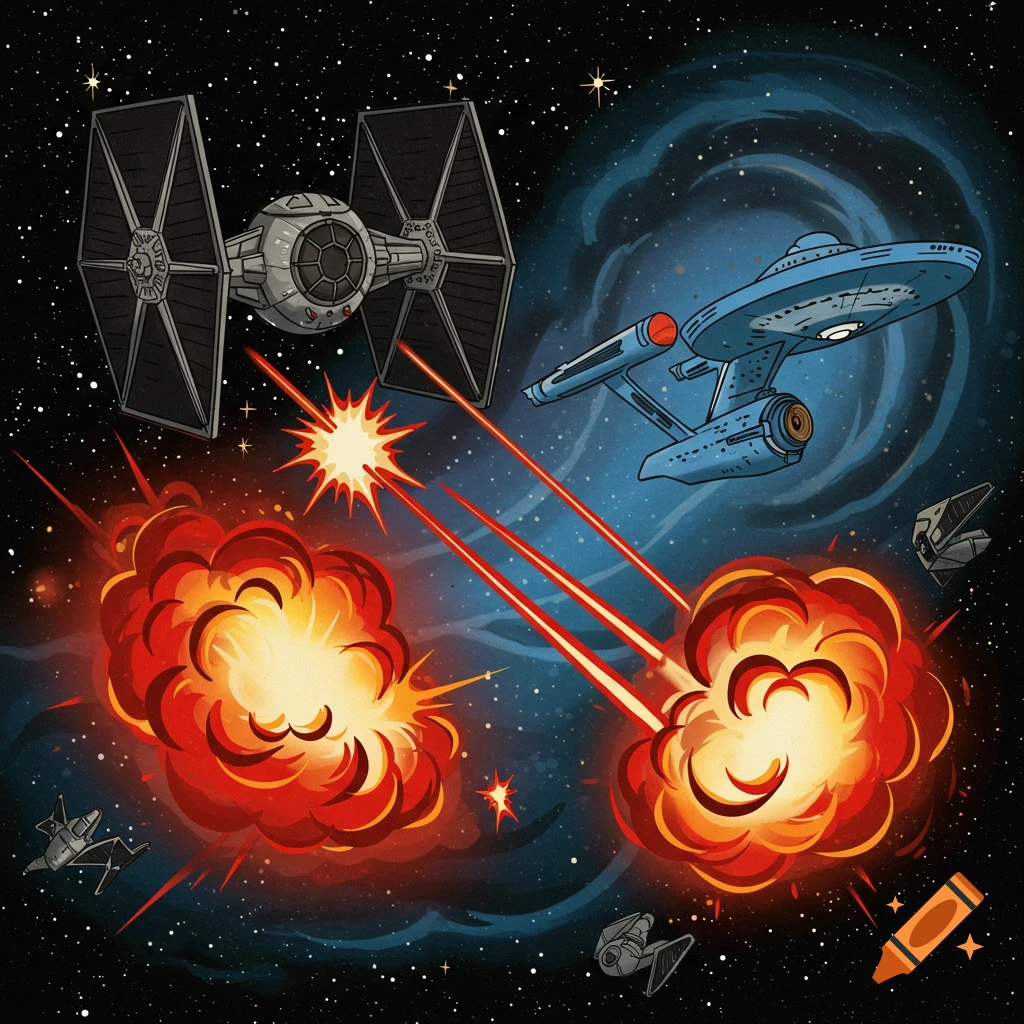 Cartoon style space battle between a Star Wars TIE fighter and the Star Trek Enterprise with laser fire and explosions.