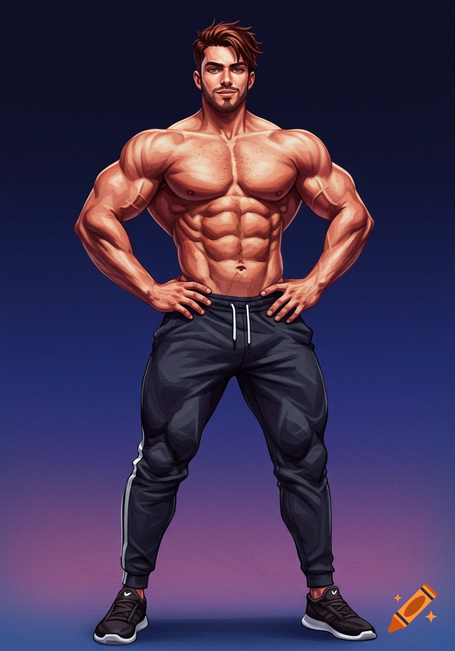 An illustration of a muscular man in sweatpants.