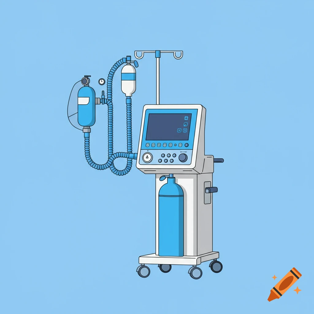 Illustration of a medical ventilator on a blue background.