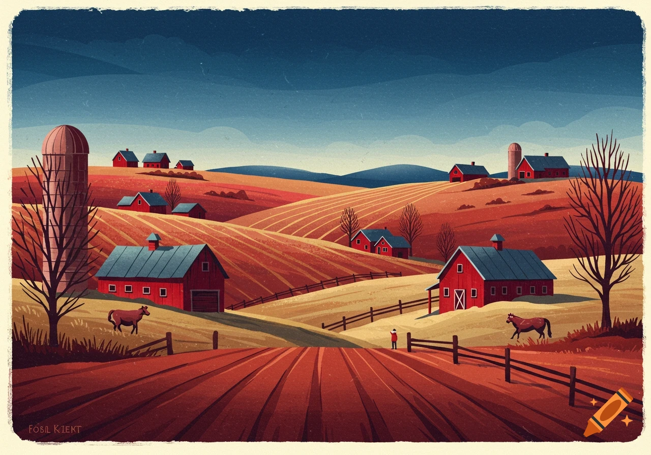 Folk art illustration of a rural landscape with red barns and rolling fields.