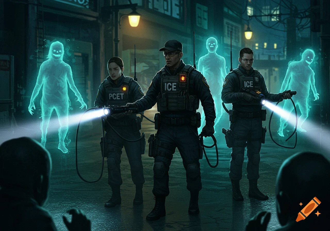 ICE agents with glowing devices confront and detain translucent ghosts in a dark urban alleyway.
