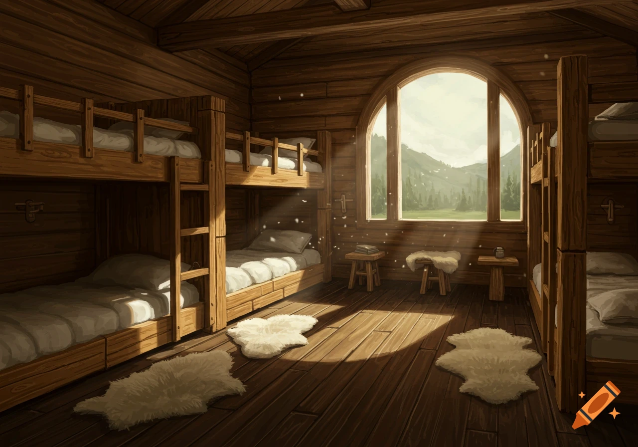 Rustic wooden cabin interior with bunk beds, sunbeams through a large window, and sheepskin rugs.