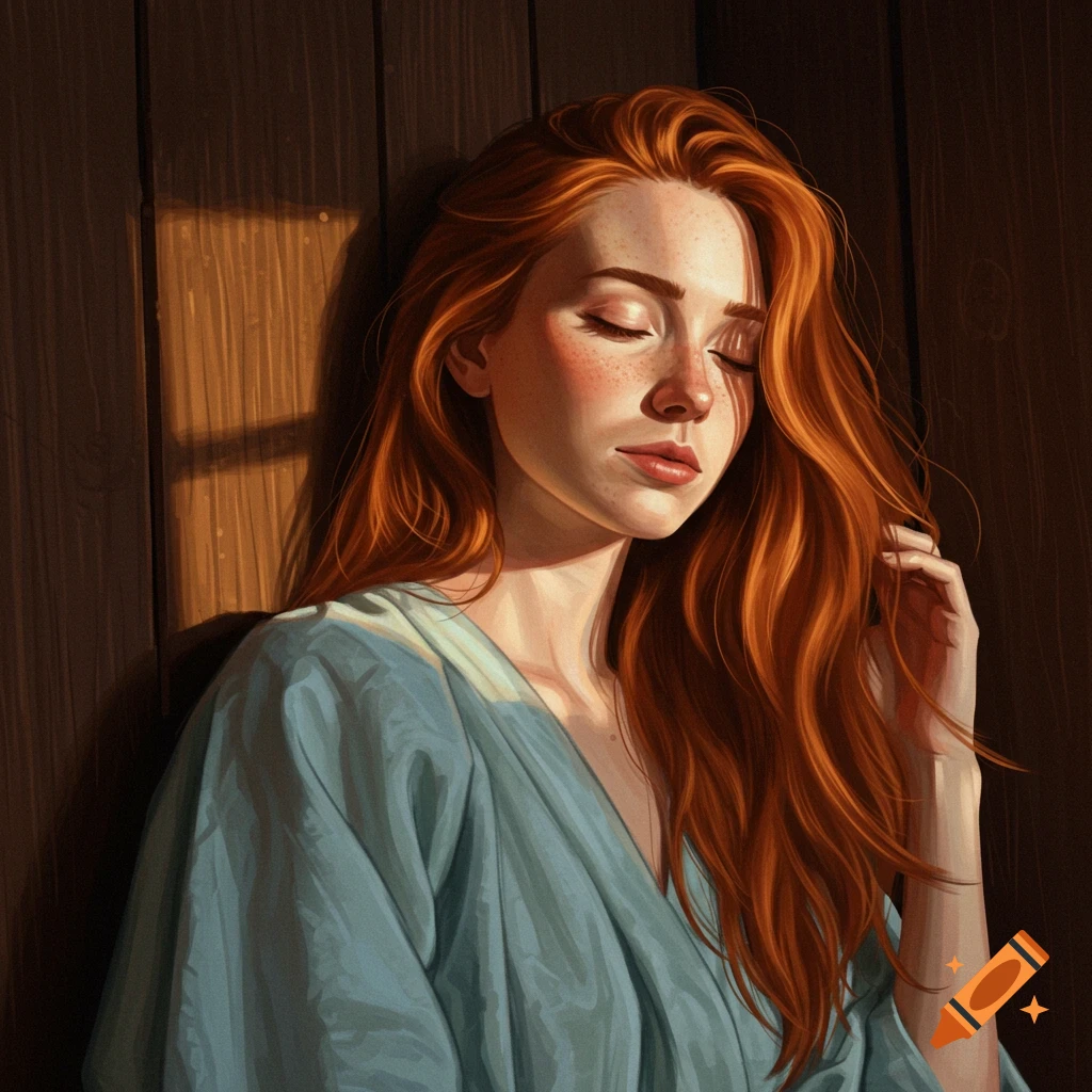A woman with red hair and closed eyes leans against a wood wall in sunlight.
