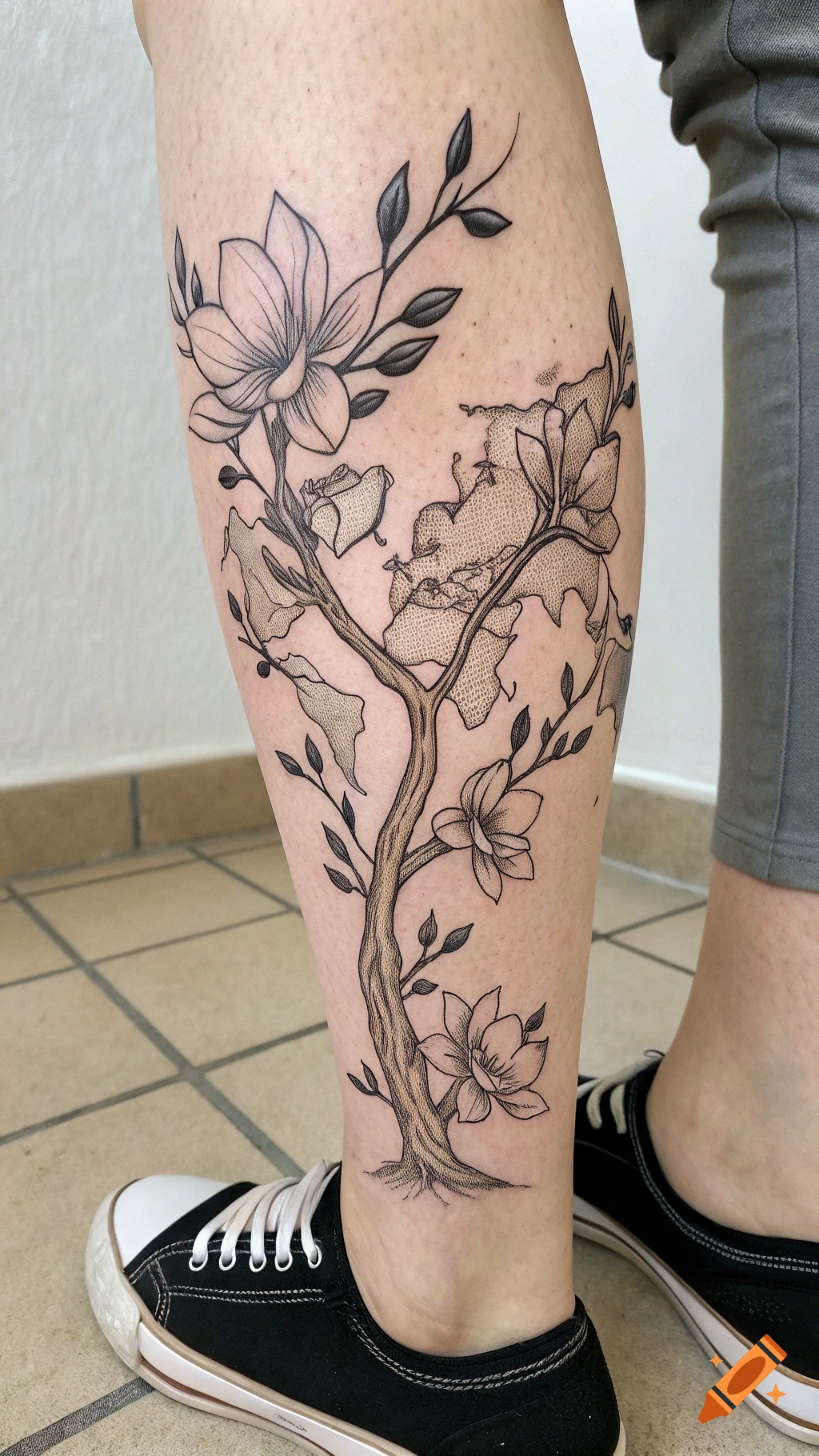 Fine line leg tattoo of a magnolia tree with branches forming a world map.