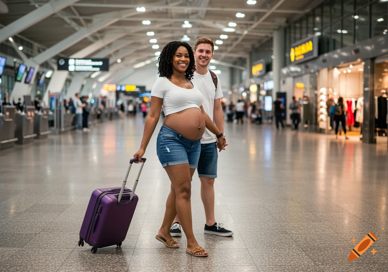 Pregnant woman and partner walking through airport with a purple suitcase.