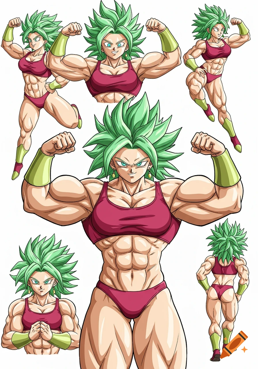 Anime model sheet of Dragon Ball's Kale flexing her large muscles in different poses, wearing a red sports bra and bottoms.