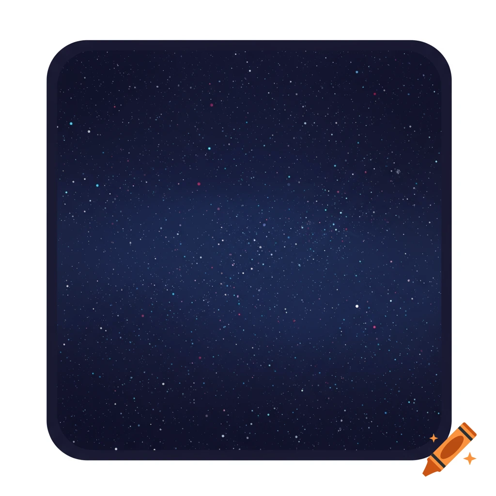 A dark blue background filled with many small, colorful dots representing stars, within a rounded square frame.