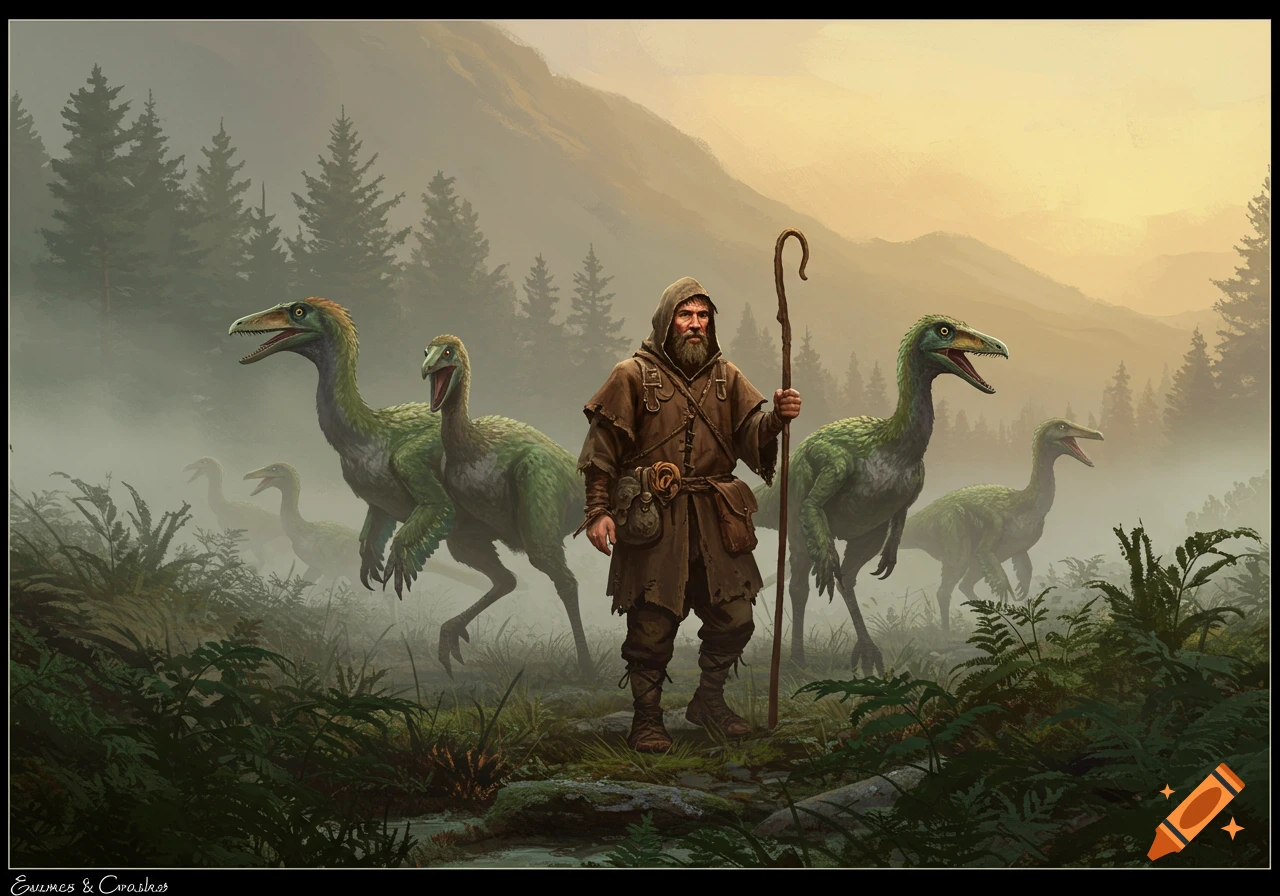 A man in a hooded cloak guides green, feathered dinosaurs through a misty prehistoric forest at dawn.