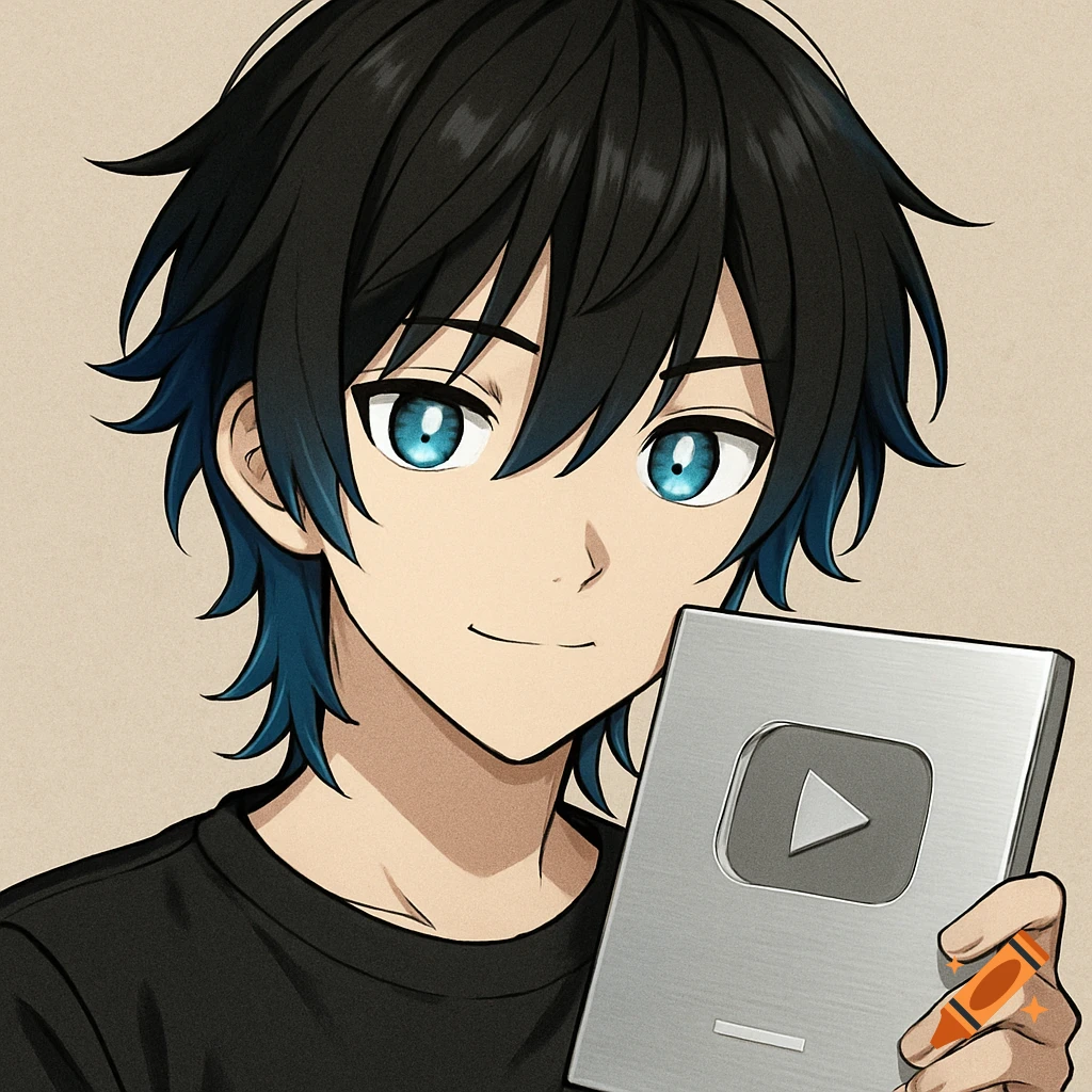 Anime portrait of a young man with black and blue hair and blue eyes holding a silver YouTube play button plaque.