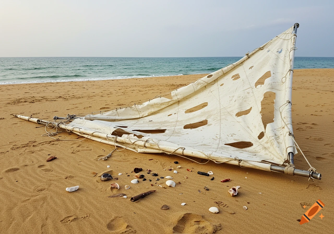 A tattered white sail lies on a sandy beach near the ocean.