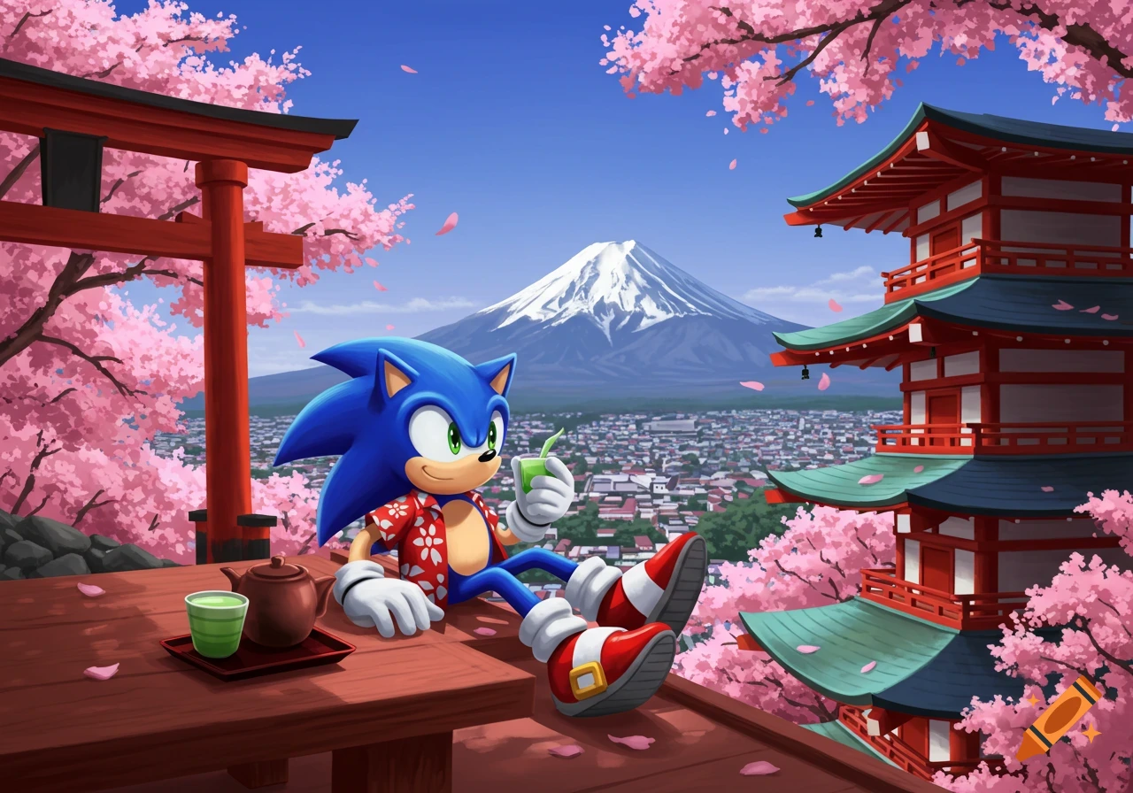 Sonic the Hedgehog relaxing in a Japanese landscape with Mount Fuji and cherry blossoms
