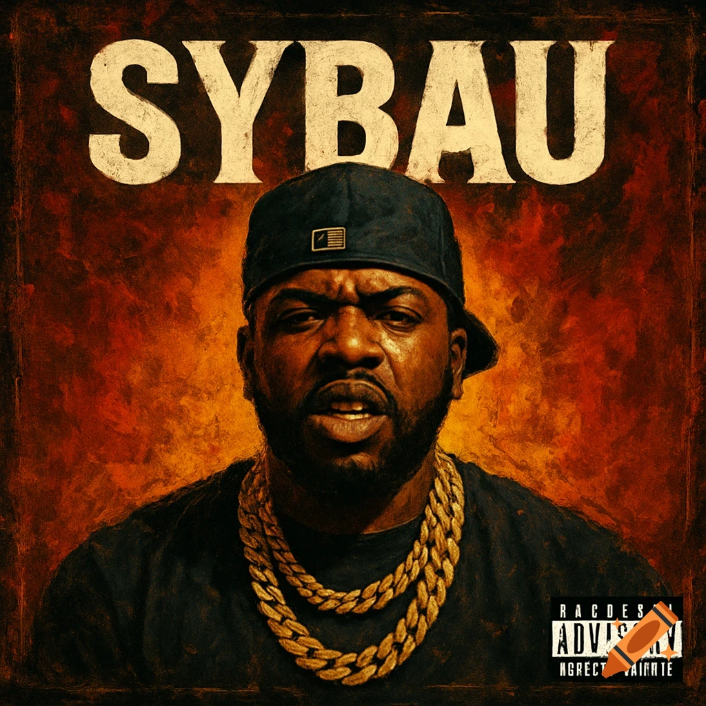 A man wearing a black cap and gold chains stares intensely, with the text "SYBAU" above him, in a stylized painting.