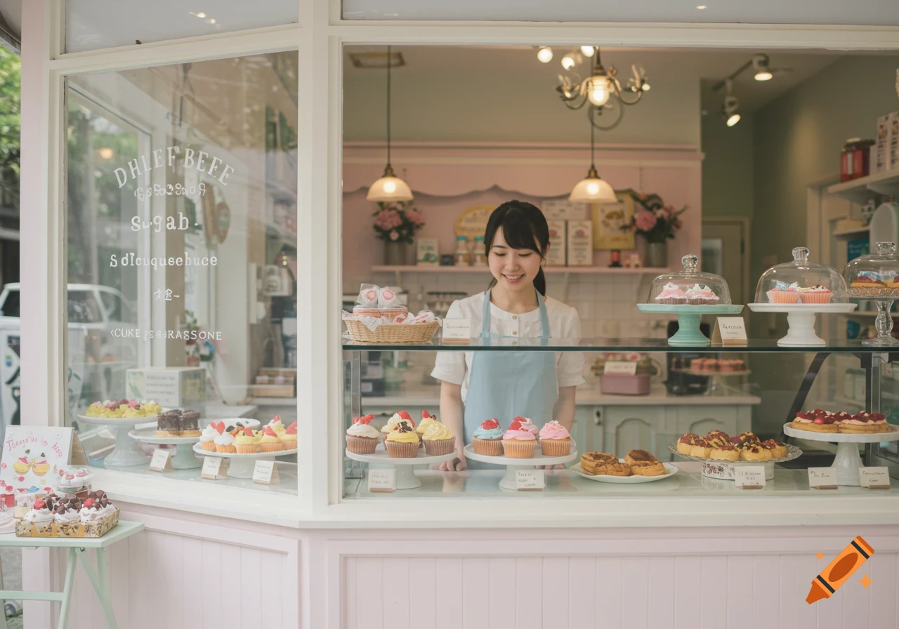 Woman smiling behind a display counter filled with cakes and cupcakes in a bakery.