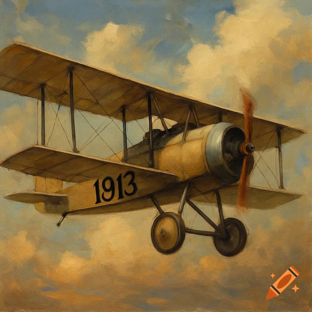 Painting of a vintage yellow biplane flying in a cloudy sky with the number 1913 on its wing.