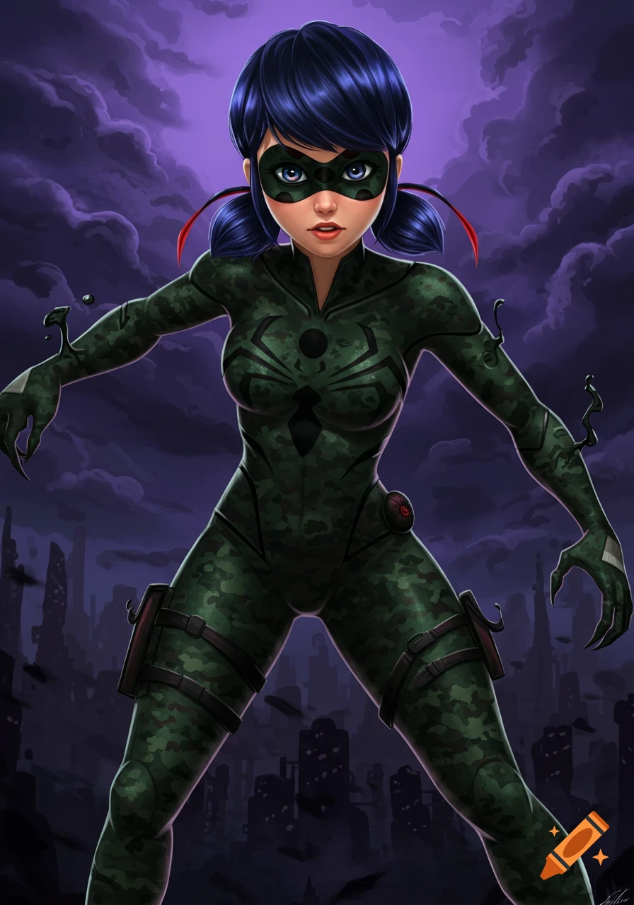 Miraculous Ladybug in a dark camo venom suit stands in a ruined city under a stormy sky.