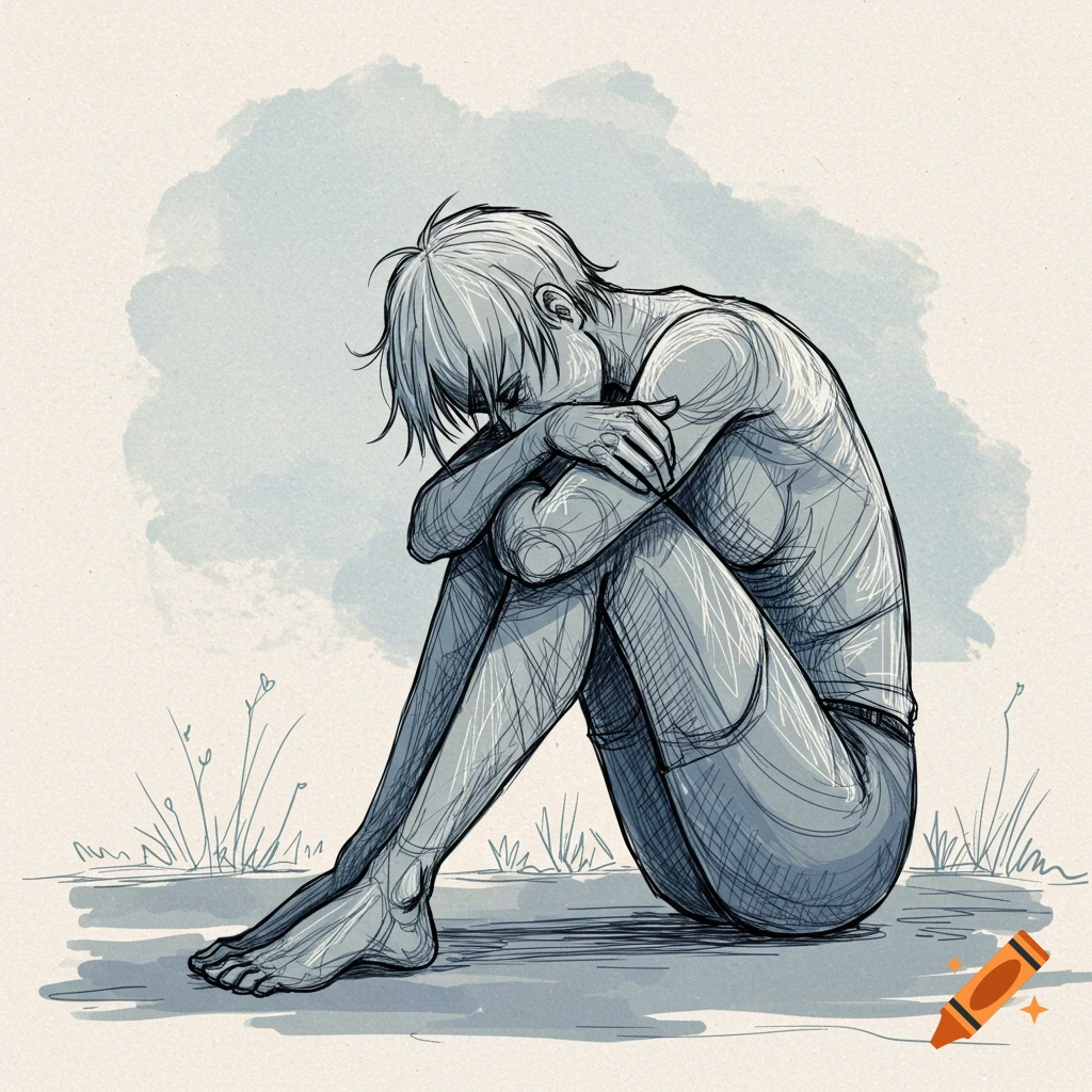 Sketch of a figure sitting hunched over, head down, appearing sad, in a fine line drawing style.
