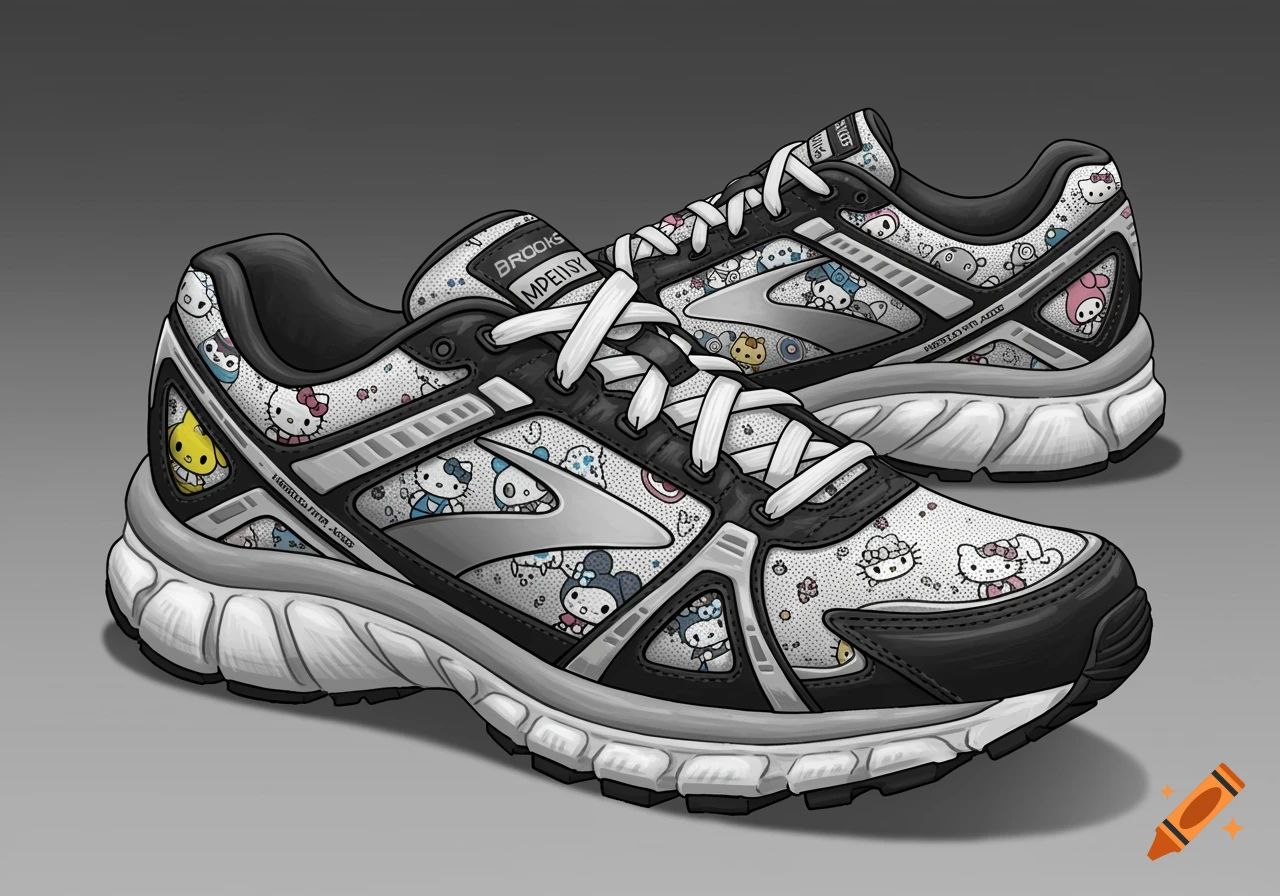 A pair of running shoes covered in a pattern of various Sanrio characters.