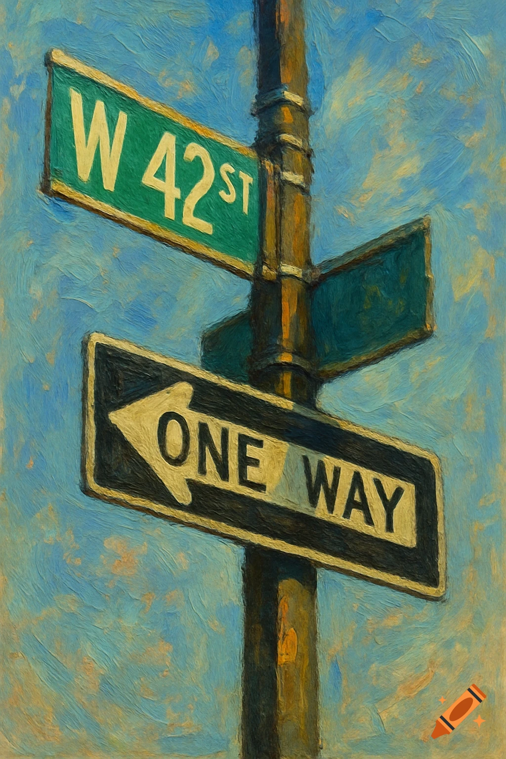 Painterly image of W 42nd St and One Way street signs.