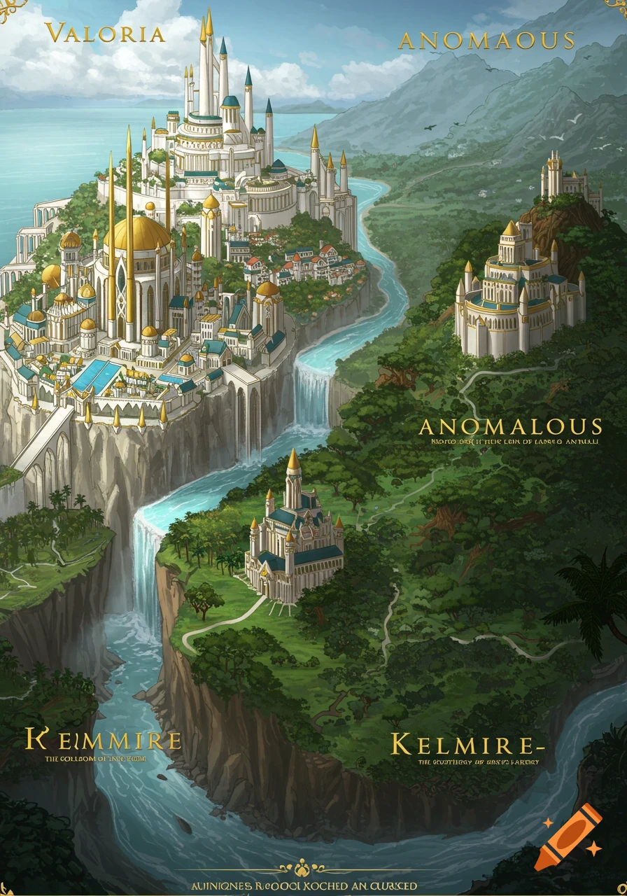 Illustrative fantasy landscape of cities and castles built on cliffs ...