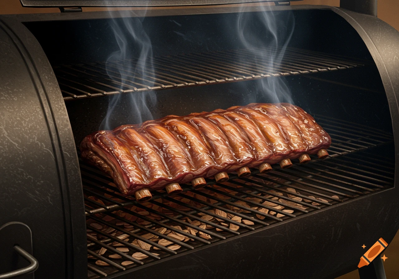 A rack of ribs cooking in a smoker, with smoke rising.