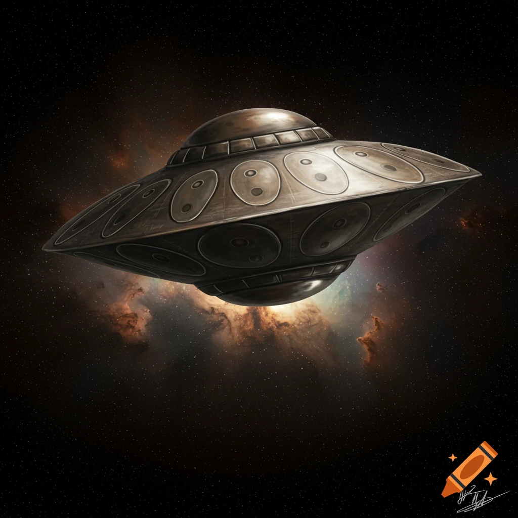 A stylized illustration of a steel drum-inspired UFO hovering in space with a colorful nebula background.