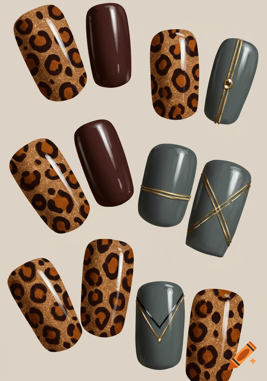 Assortment of artificial nails with leopard print, dark brown, and bluish-grey designs featuring gold accents on a light background.