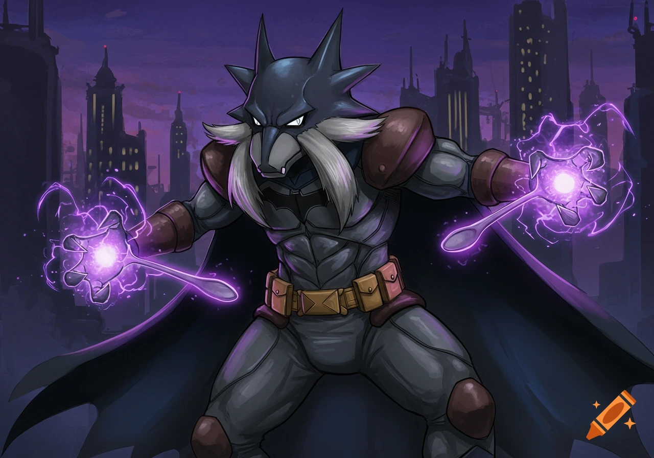 Alakazam-like creature in Batman suit holding energy-charged spoons in a cityscape