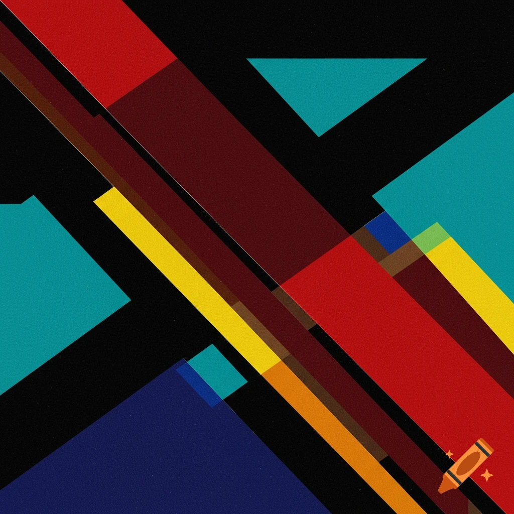 Abstract geometric pattern with diagonal red, yellow, blue, and teal shapes on a black background.