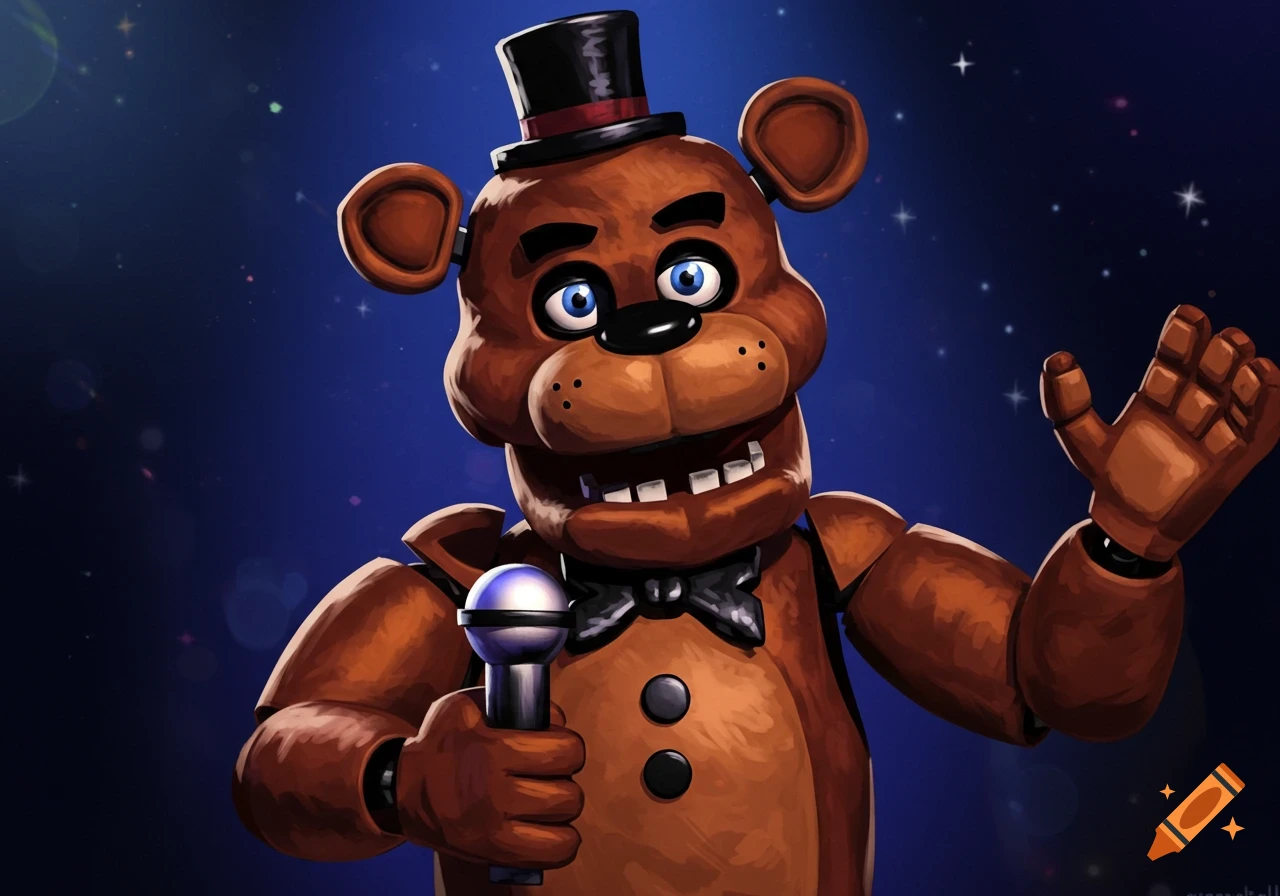 Freddy Fazbear holding a microphone and waving against a starry blue background, in a digital art style.