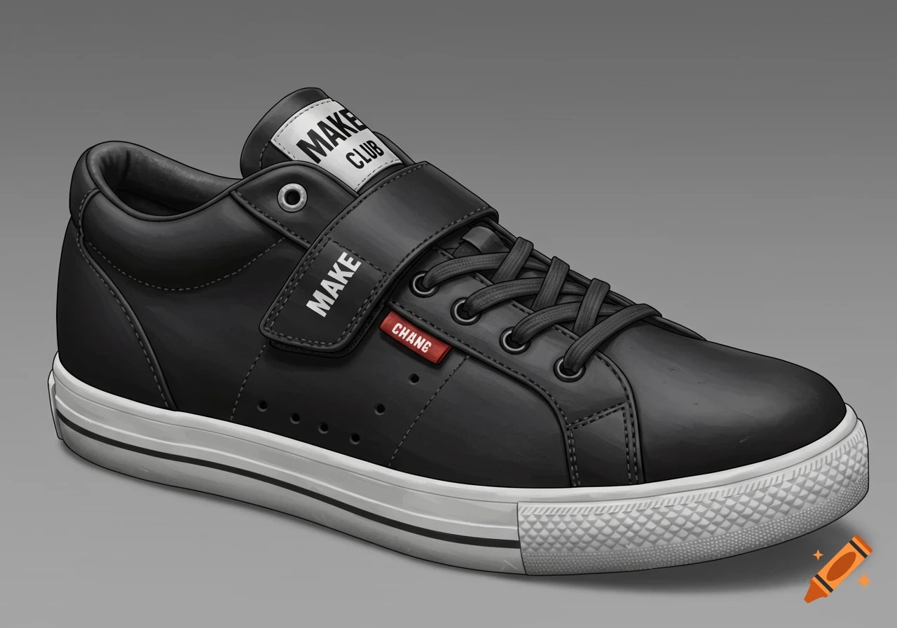 Illustration of a black sneaker shoe with velcro strap and laces
