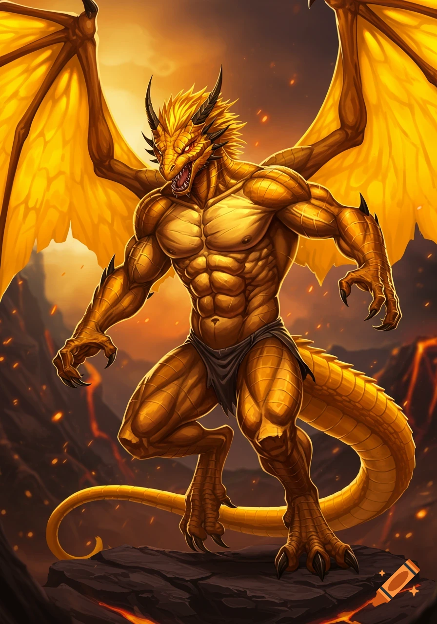 A muscular yellow anthrodragon stands on rocks in a volcanic landscape.