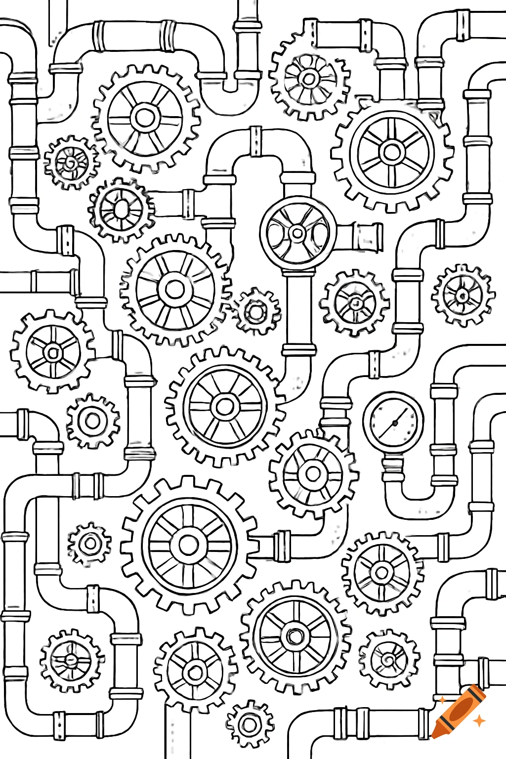 Black and white line drawing of a complex network of steampunk pipes, gears, and valves, designed as a colouring page.