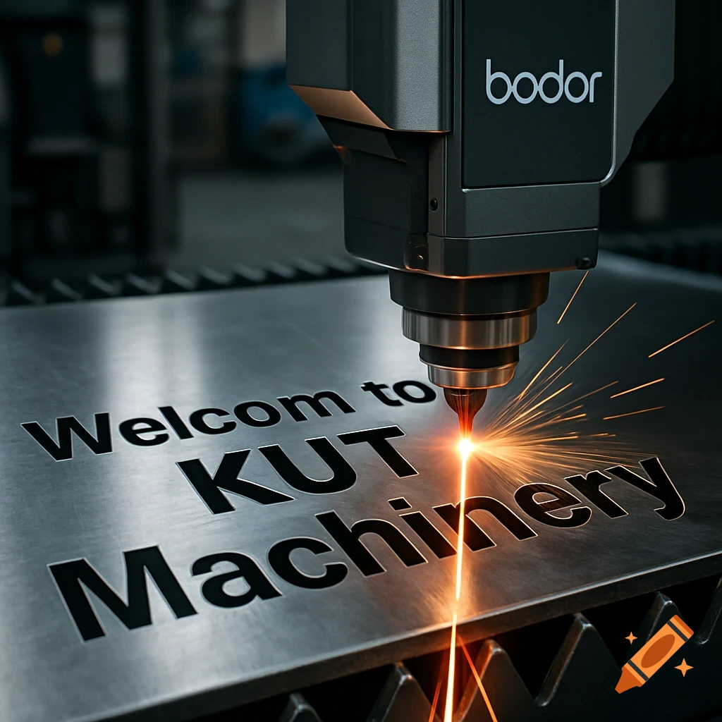 Close-up of a Bodor laser cutting machine engraving 'Welcome to KUT Machinery' into a metal plate.