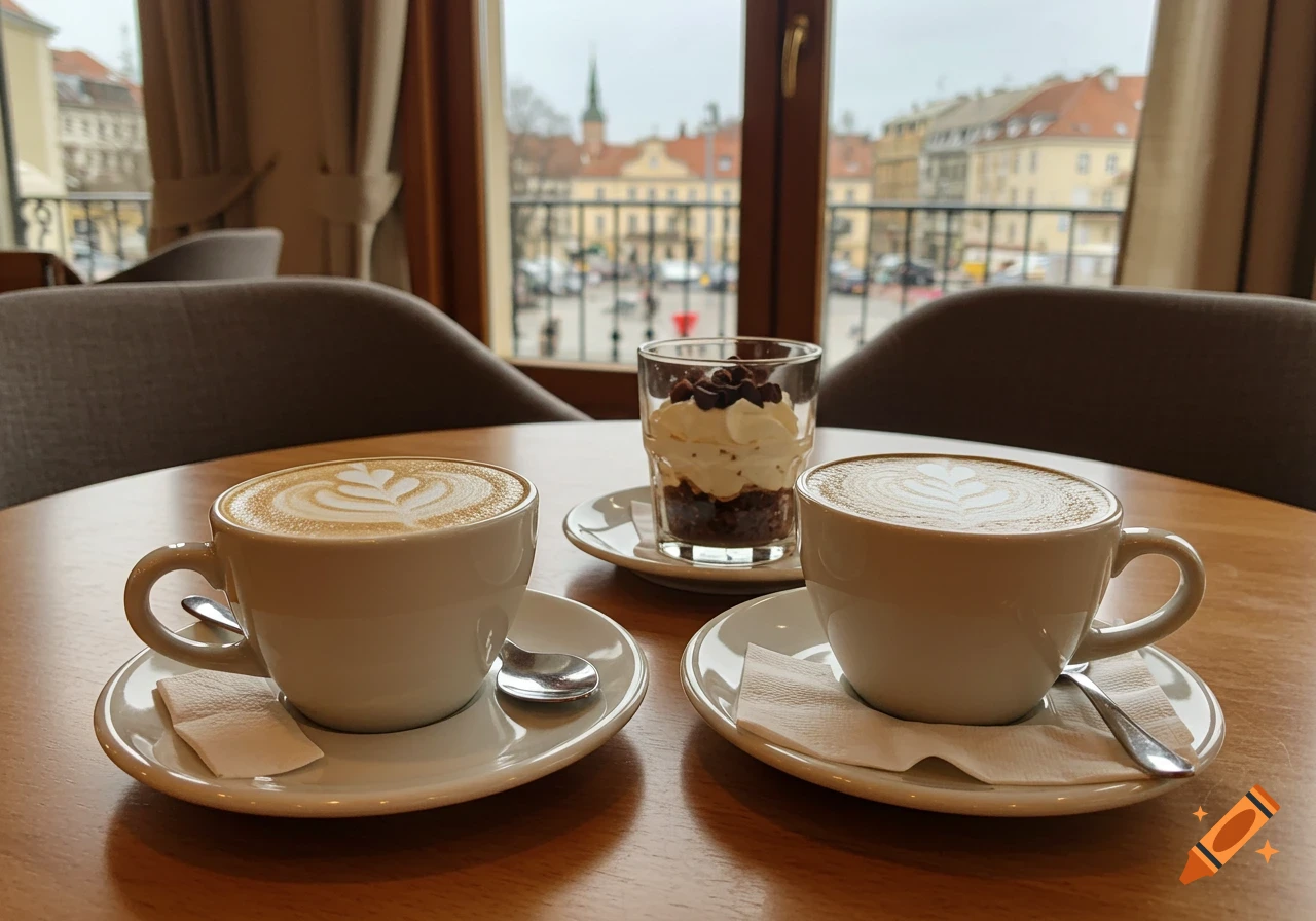 Two cappuccinos and a dessert in a glass on a cafe table with a view of a city street below.