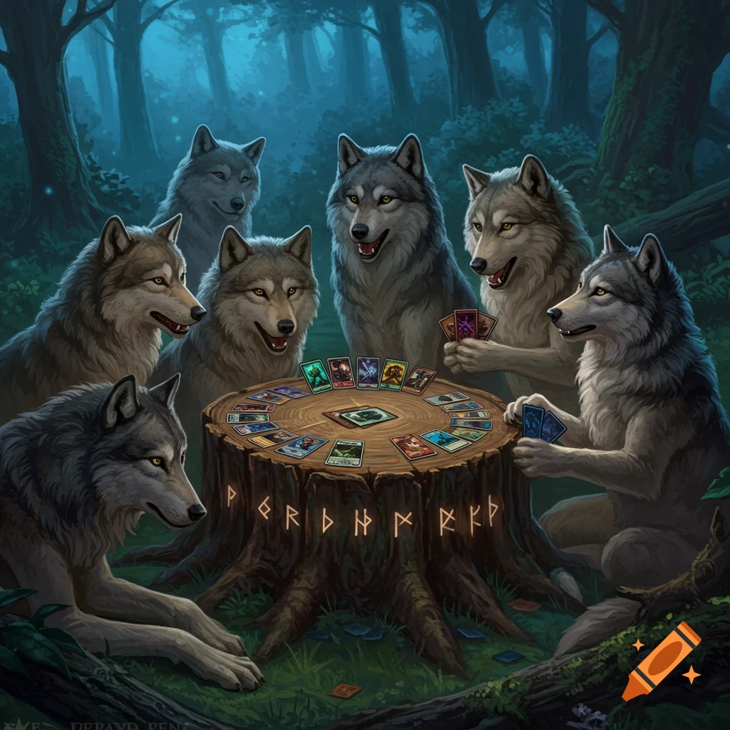 Fantasy art of wolves playing a card game around a tree stump in a forest.