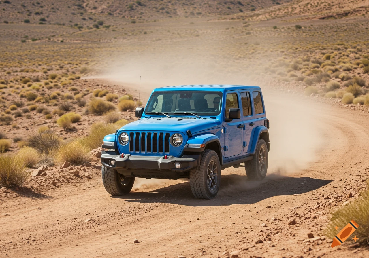 Blue Jeep driving on a dirt road through a desert, kicking up a dust trail.