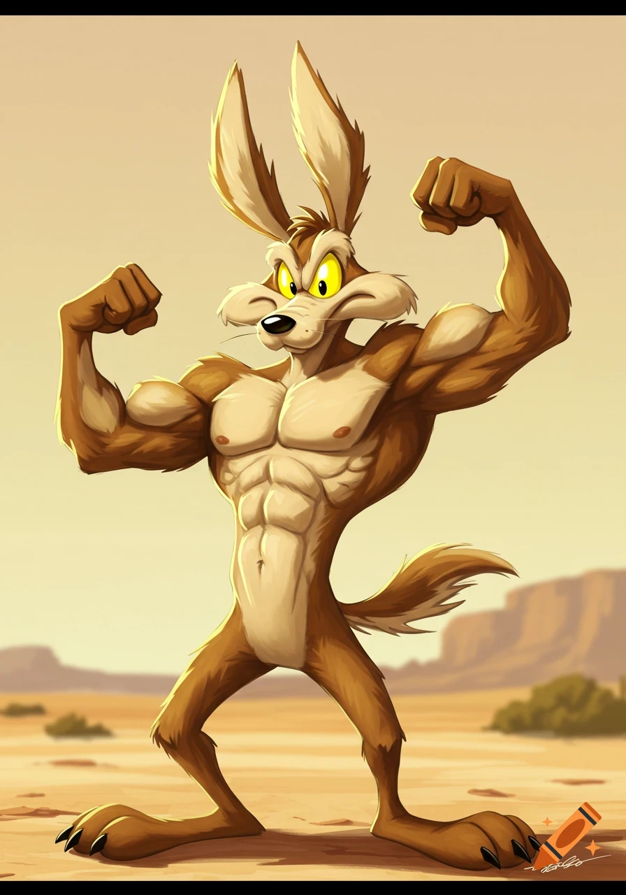 Cartoon of muscular Wile E. Coyote flexing biceps in the desert.