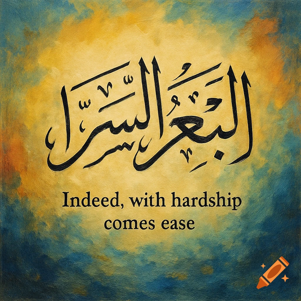 Arabic calligraphy and English quote "Indeed, with hardship comes ease" on a textured painted background.